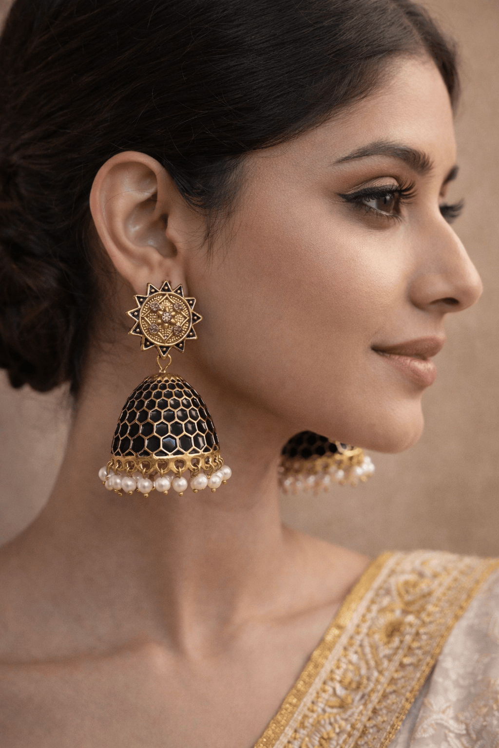 Black Antique Honeycomb Jhumka Earrings