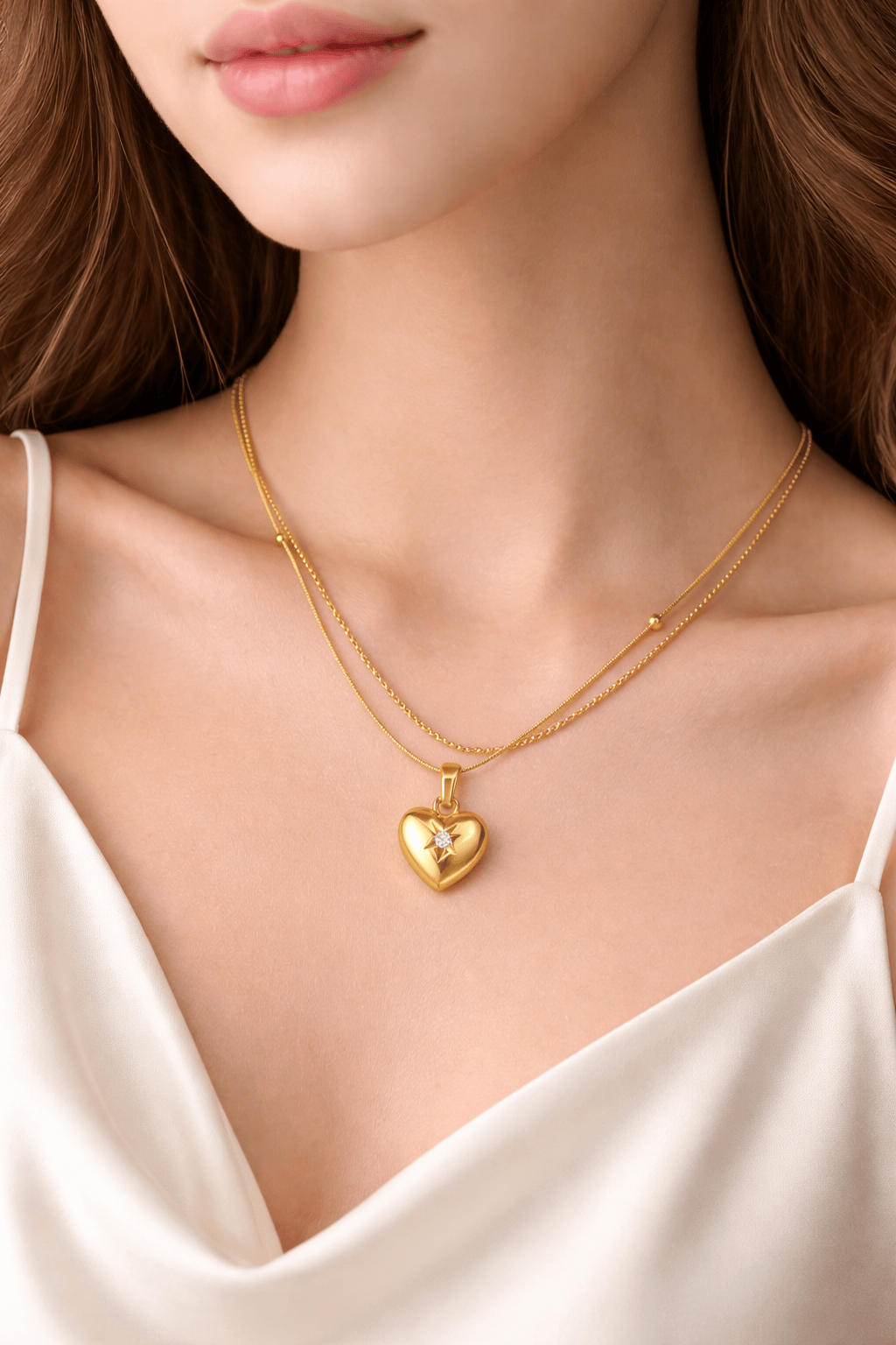 Double Chain Gold Heart Pendant, Anti Tarnish
