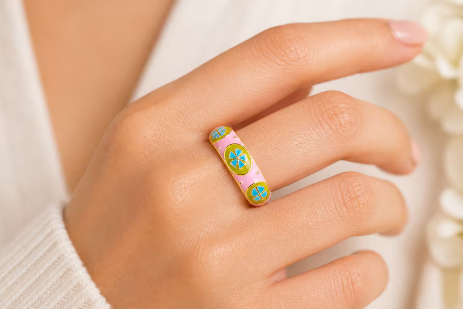 Pink and green enamel floral adjustable ring
