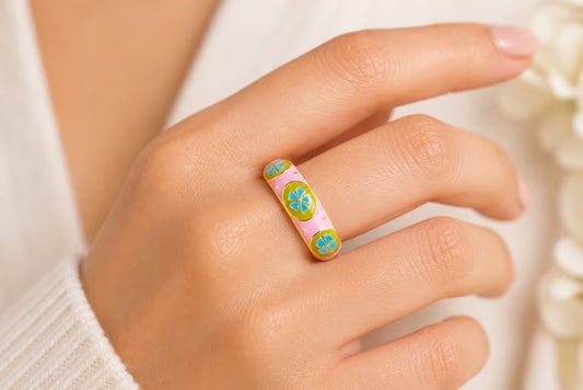 Pink and green enamel floral adjustable ring