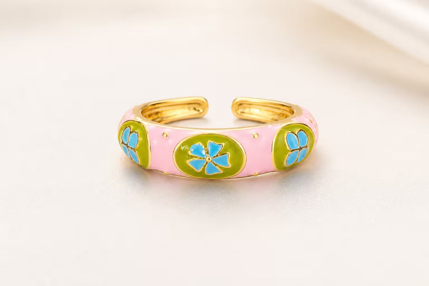 Pink and green enamel floral adjustable ring