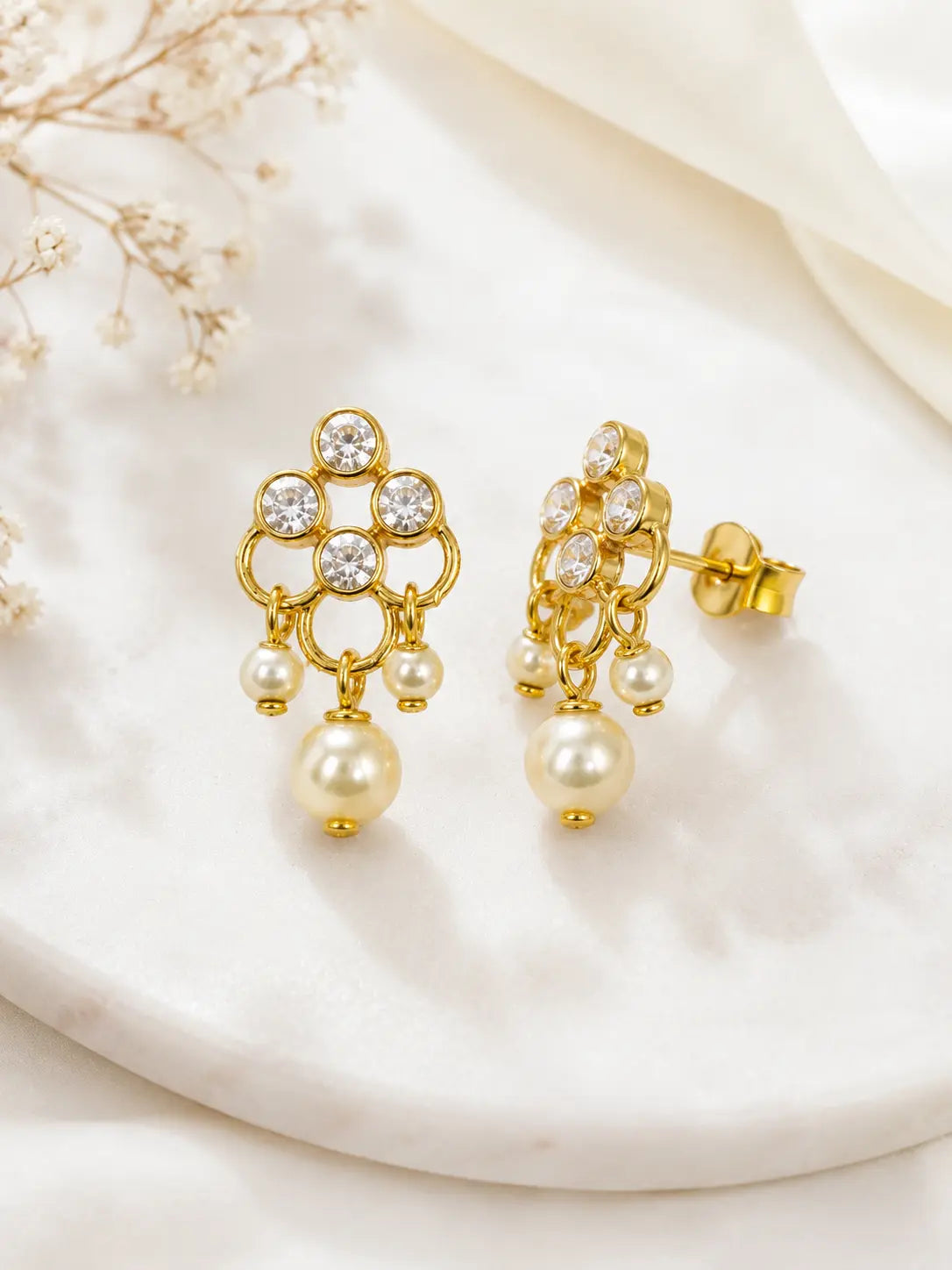 Gold Floral Pearl Drop Earring