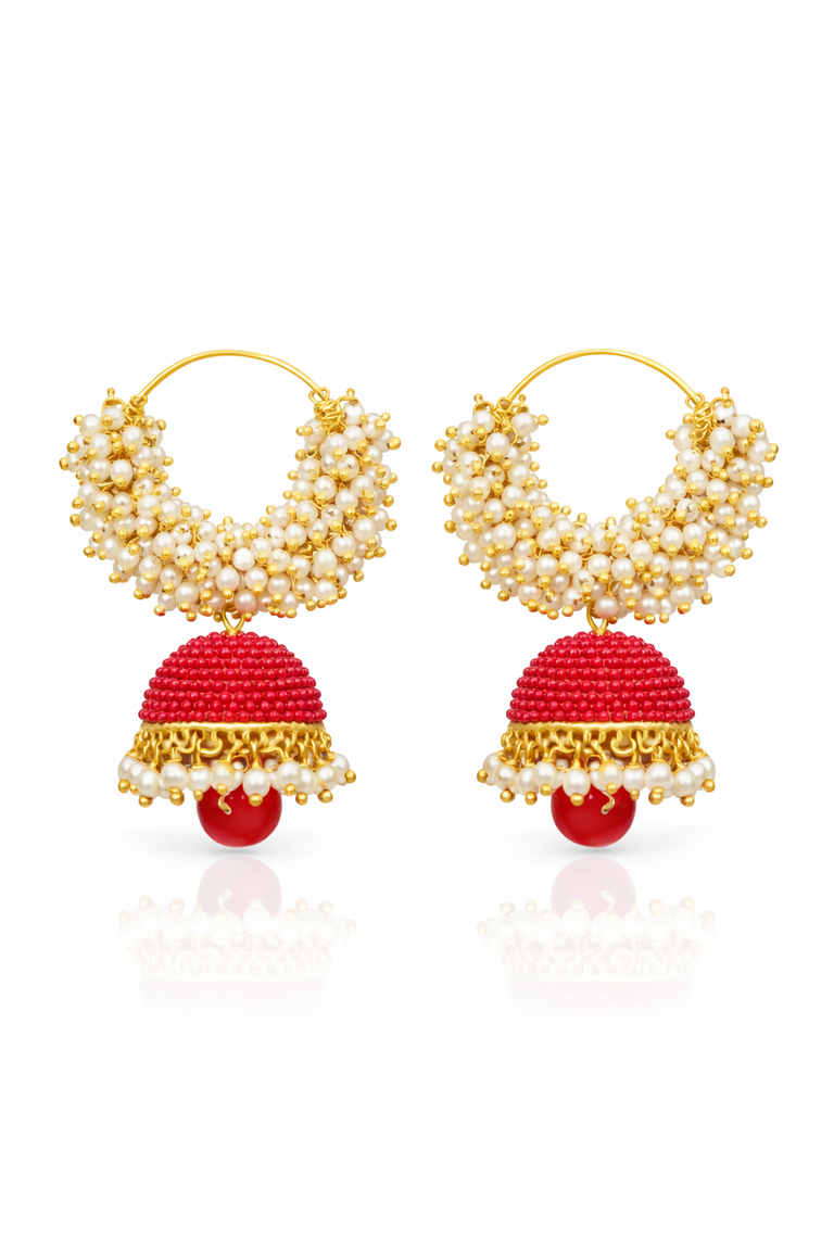 Gold plated Red beaded Meenakari Jhumka