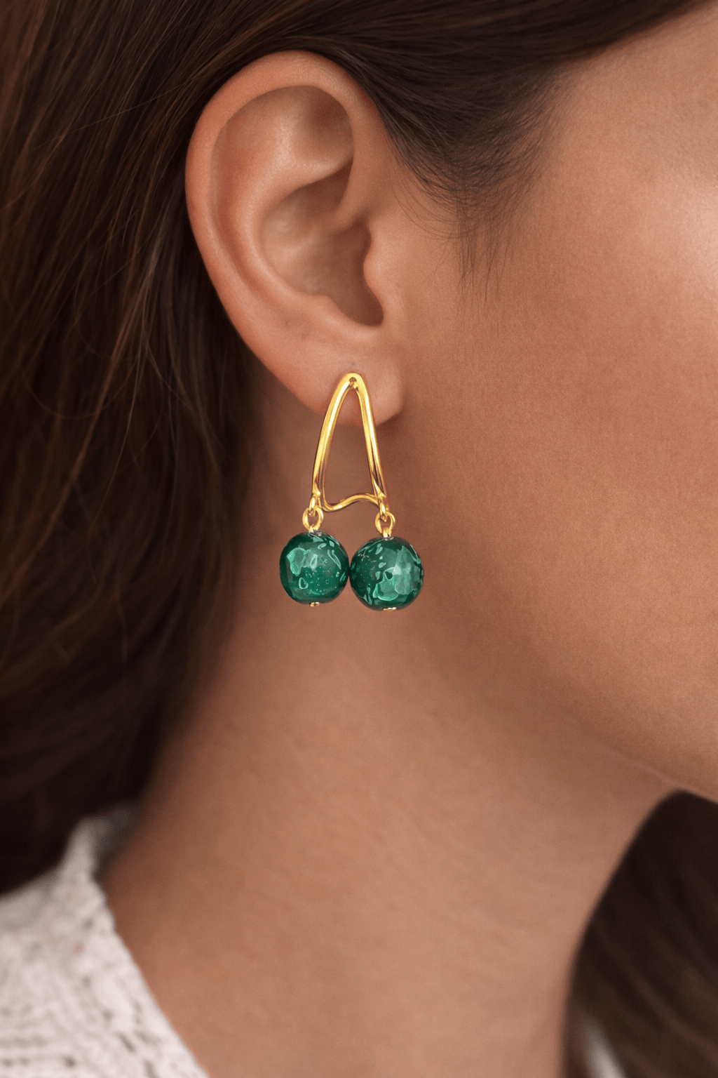 Gold plated Green Bead Hanging Earrings