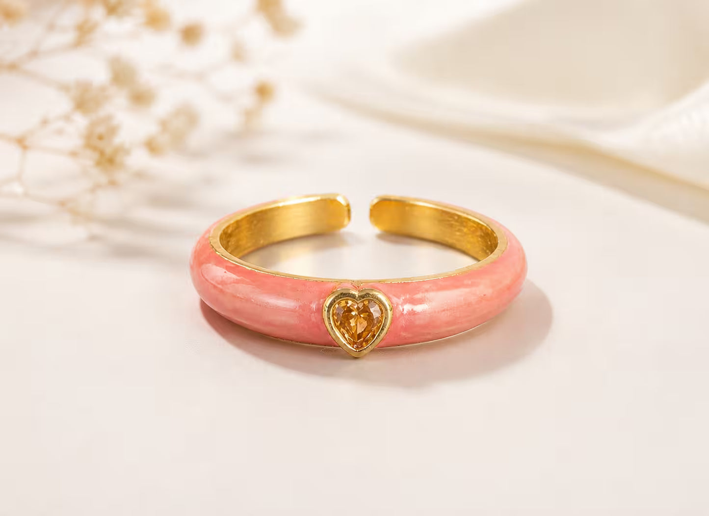 Blush Pink Dainty Heart Stone Adjustable Ring