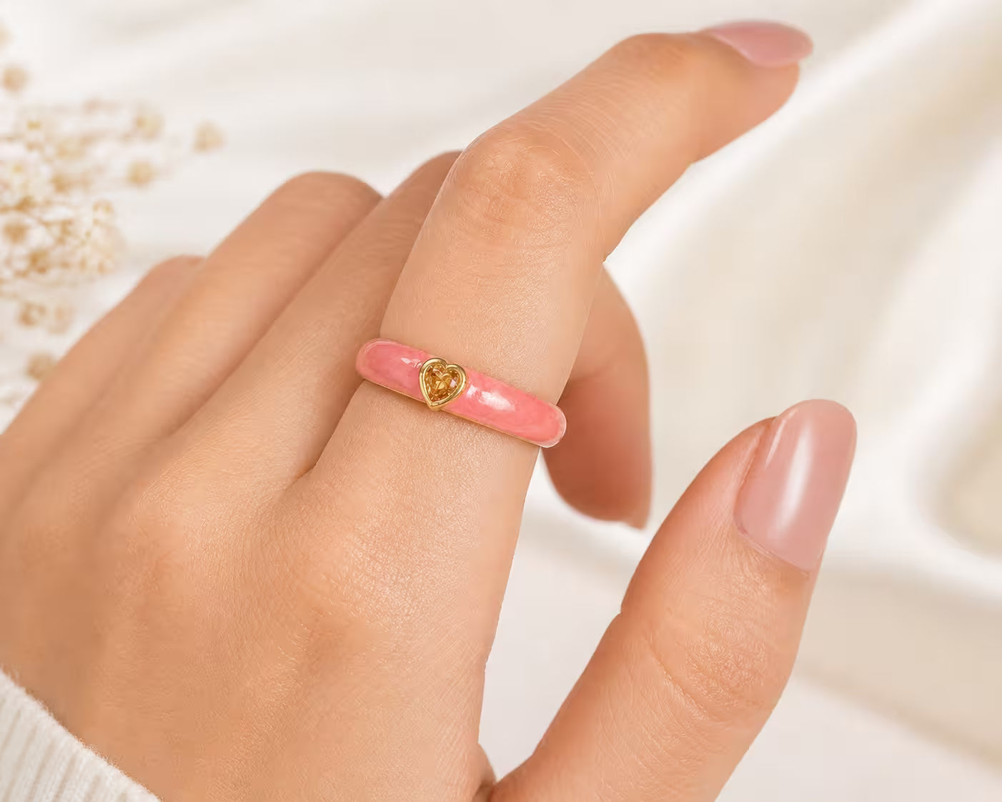 Blush Pink Dainty Heart Stone Adjustable Ring