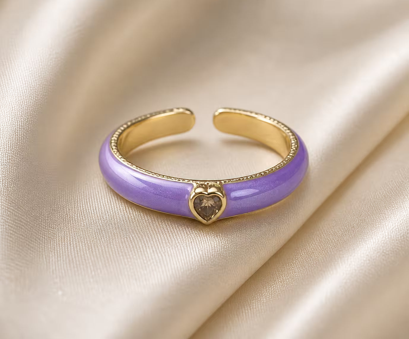 Anti-Tarnish Purple Heart Enamel Adjustable Finger Ring