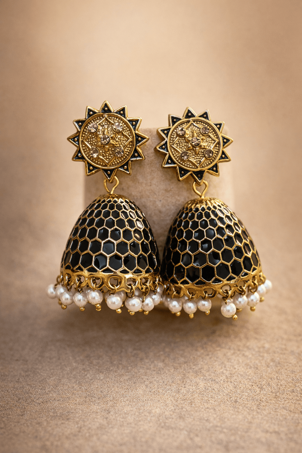 Black Antique Honeycomb Jhumka Earrings