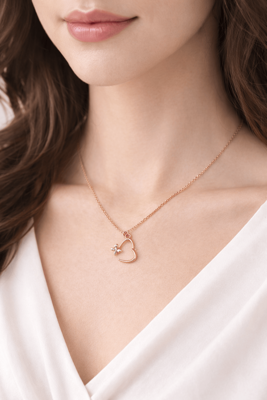 Minimal Heart Flower Pendant Necklace – Rose Gold Finish, Anti Tarnish