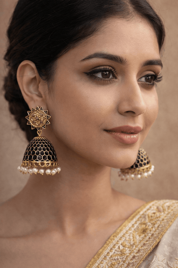 Black Antique Honeycomb Jhumka Earrings