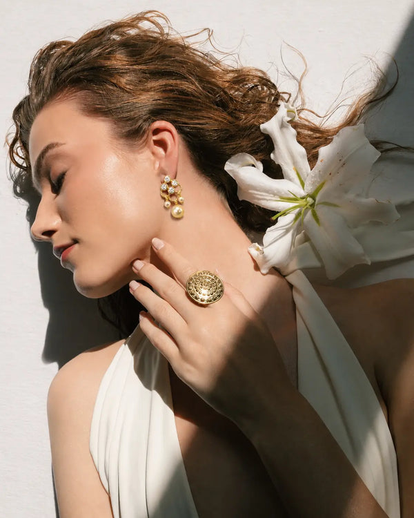 Gold Floral Pearl Drop Earring