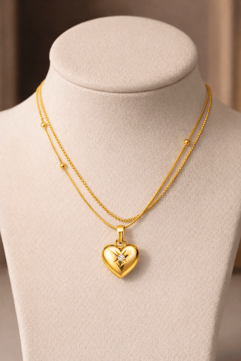 Double Chain Gold Heart Pendant, Anti Tarnish