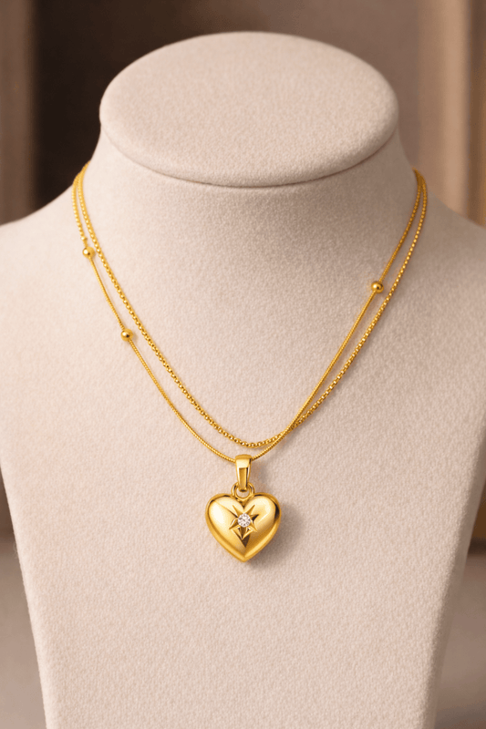 Double Chain Gold Heart Pendant, Anti Tarnish