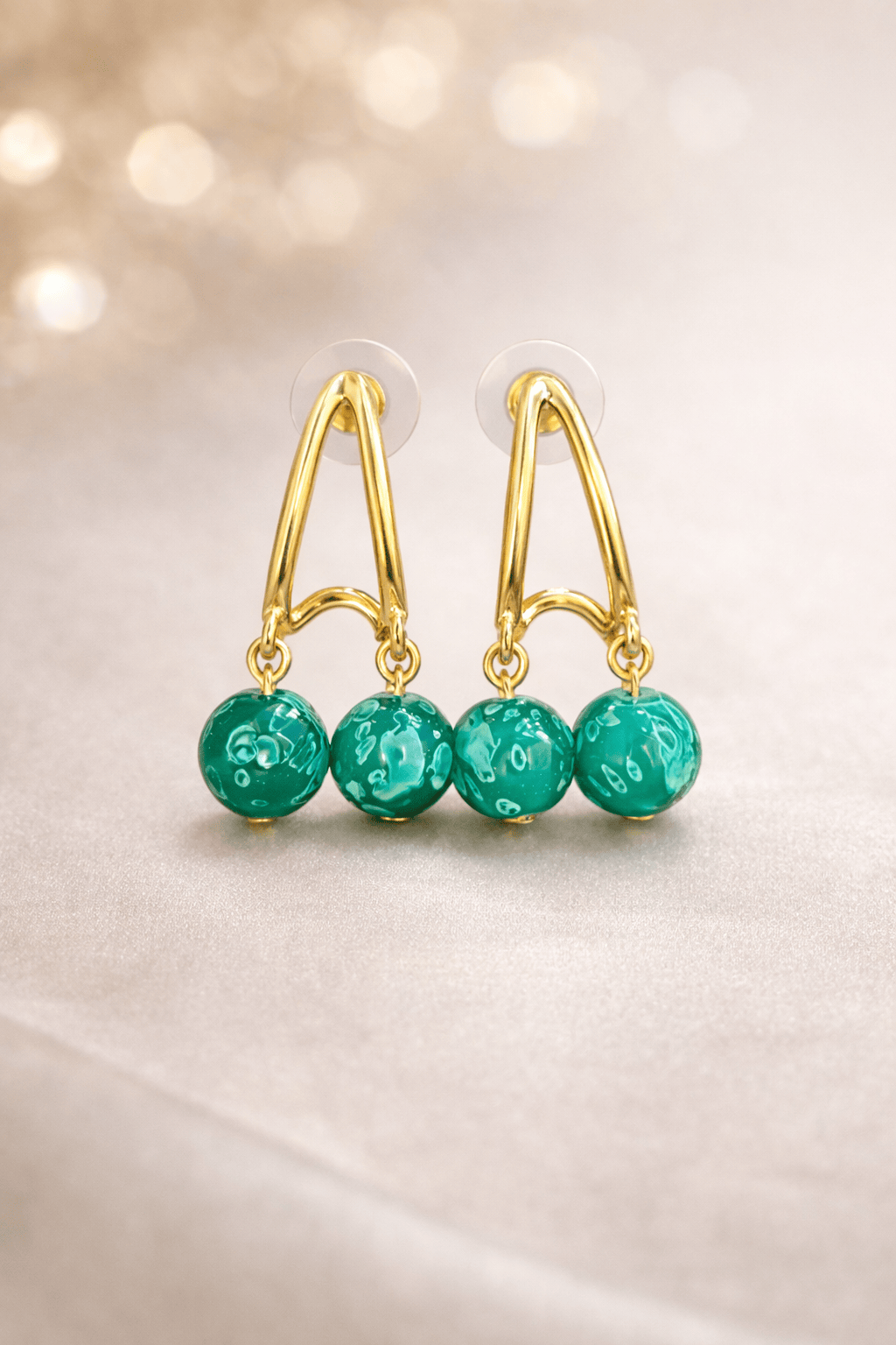 Gold plated Green Bead Hanging Earrings