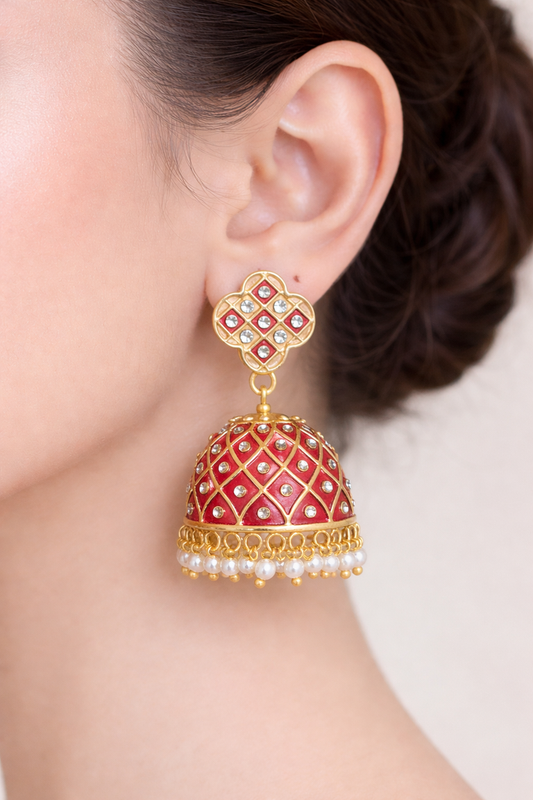 Gold plated Red Meenakari Jhumka