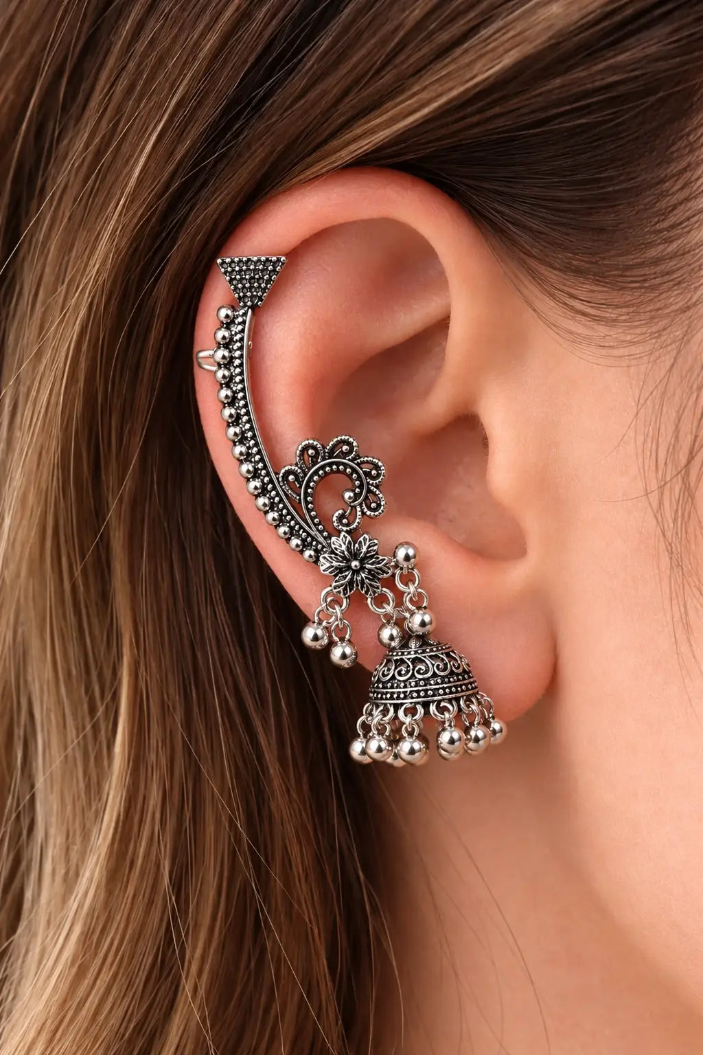 Garba Special Oxidised Silver Ear Cuff