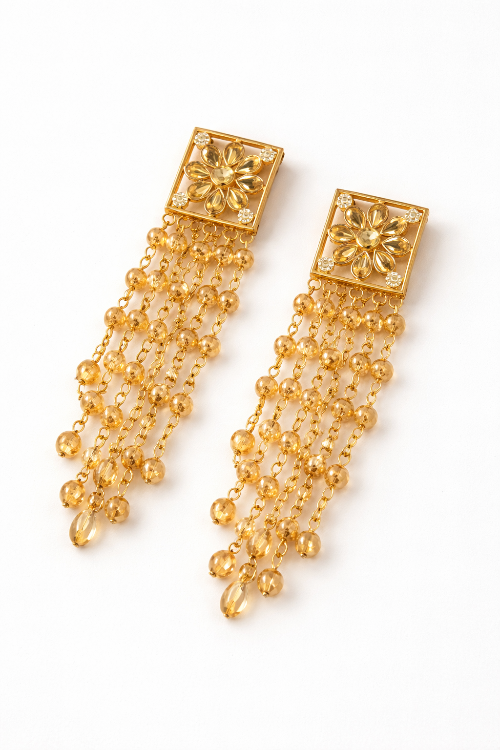 Gold Floral Tassel Jhumka Earrings
