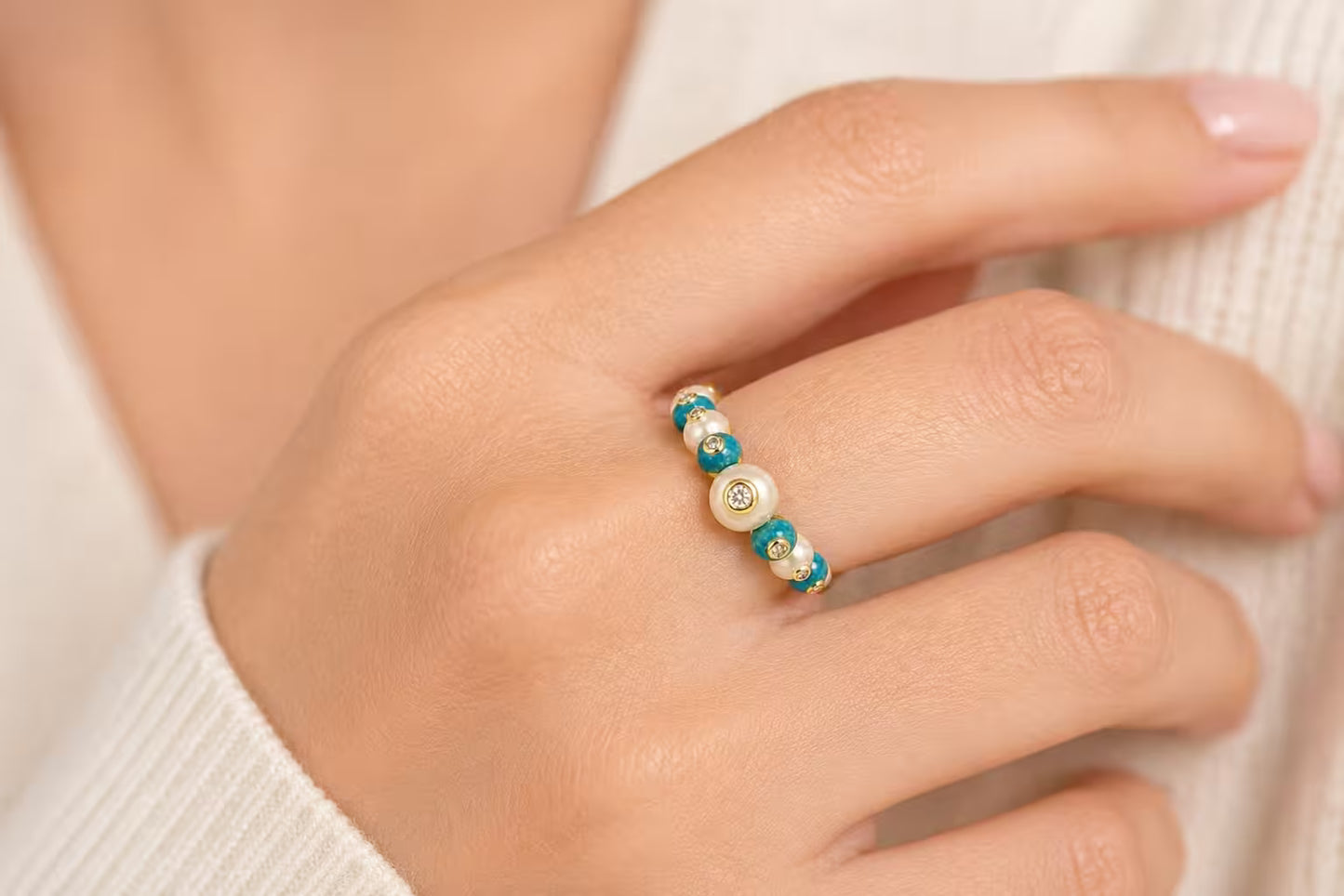 Turquoise & Pearl AD Adjustable Ring