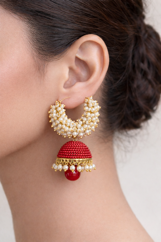 Gold plated Red beaded Meenakari Jhumka
