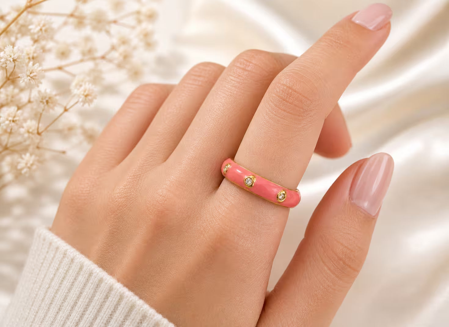 Rose Pink Minimalist Enamel Ring | Adjustable, Anti - Tarnish