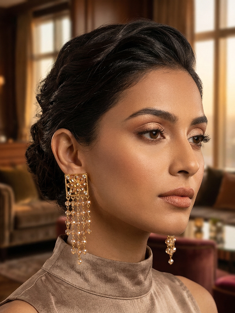 Gold Floral Tassel Jhumka Earrings