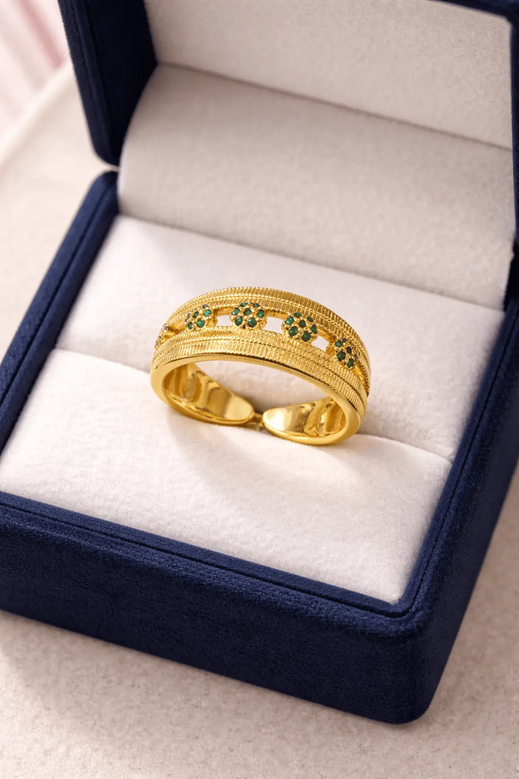 Adjustable, Anti Tarnish Emerald Designer Ring