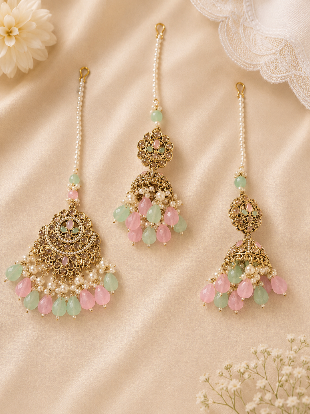 Pastel Jhumka Earrings with Maang Tikka