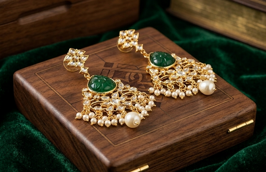 Handcrafted Floral Kundan & Green Stone Drop Earrings with Pearls