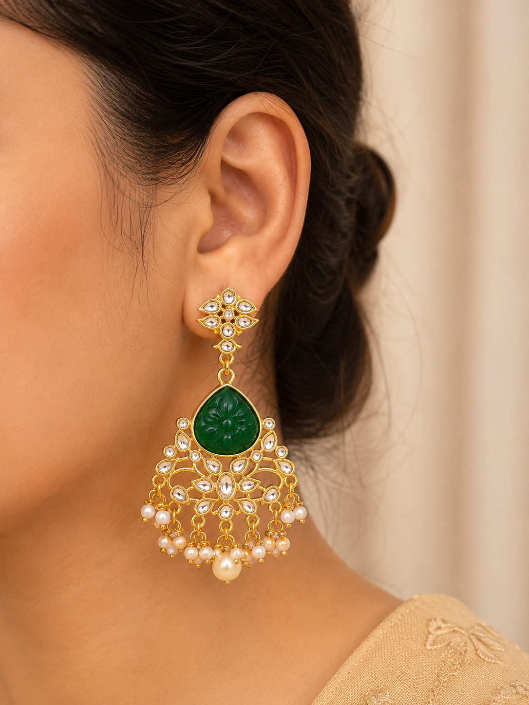 Handcrafted Floral Kundan & Green Stone Drop Earrings with Pearls
