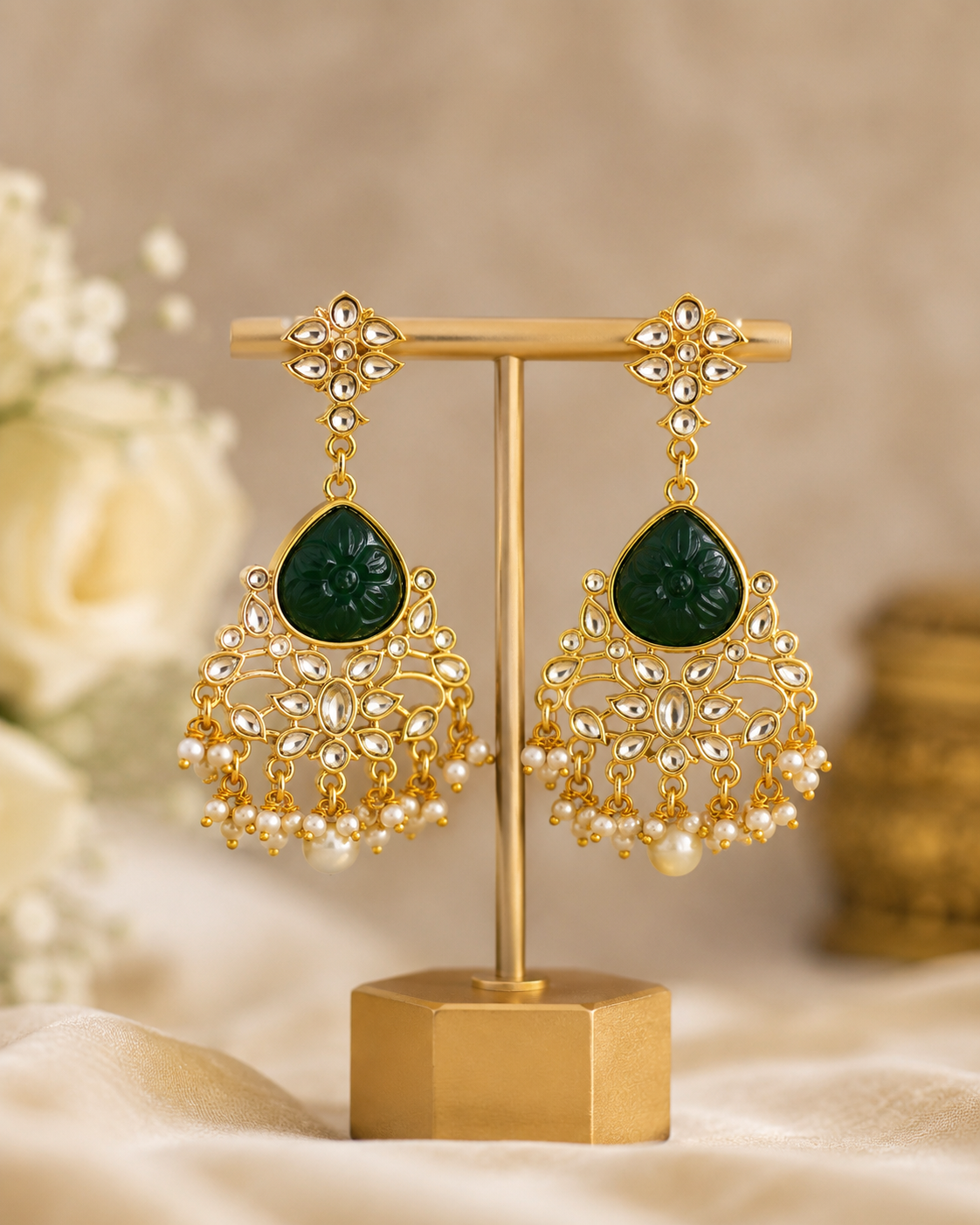 Handcrafted Floral Kundan & Green Stone Drop Earrings with Pearls