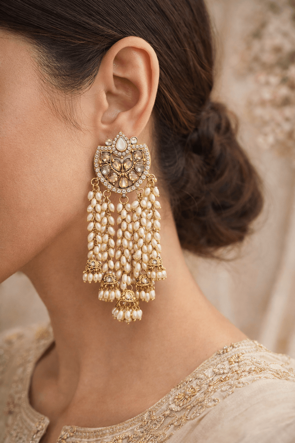 Luxury Pearl Kundan Chandelier Earrings