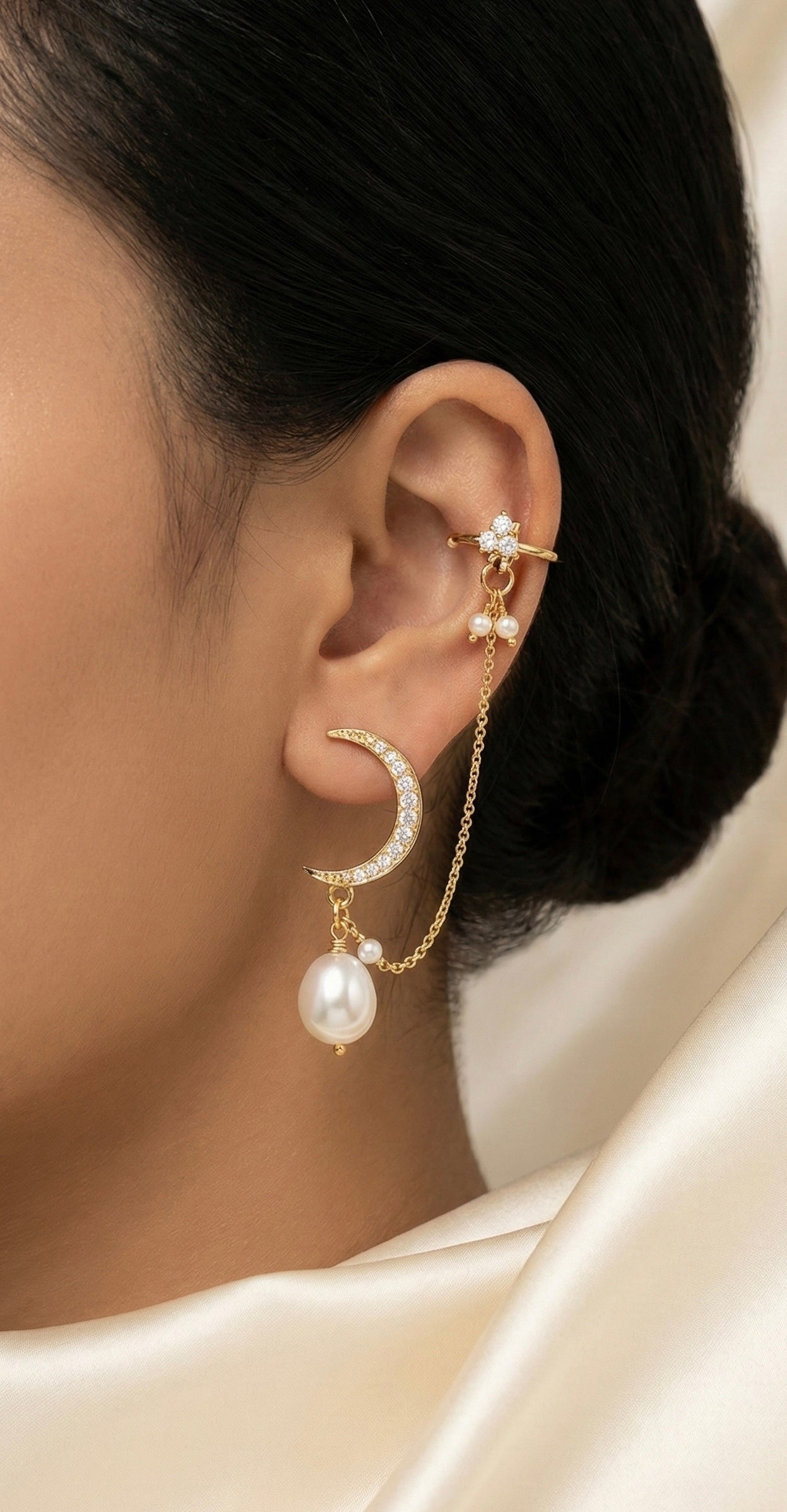 Crescent Moon & Pearl chain cuff