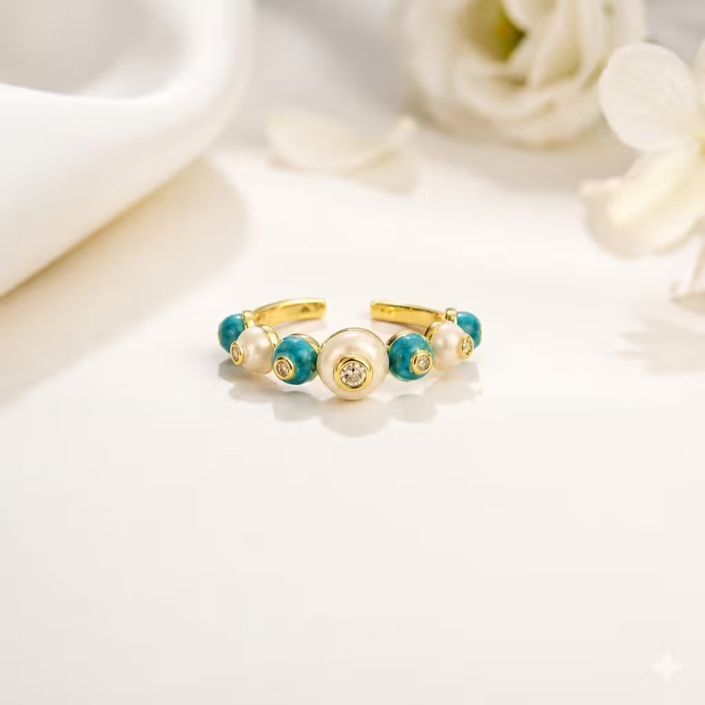 Turquoise & Pearl AD Adjustable Ring