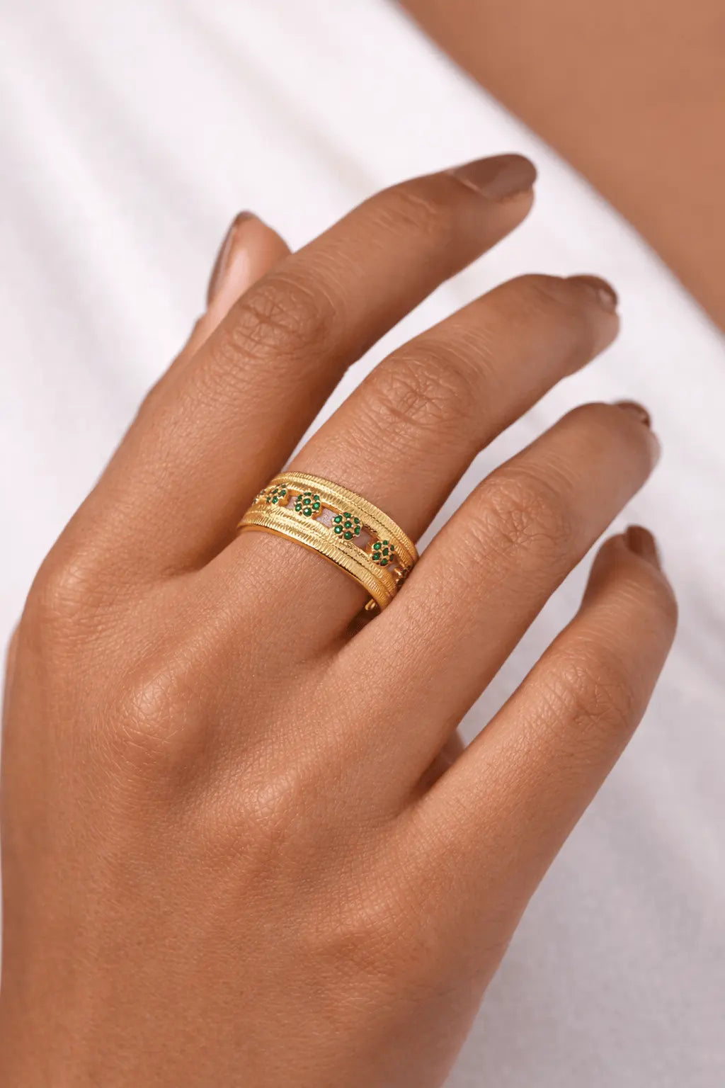 Adjustable, Anti Tarnish Emerald Designer Ring