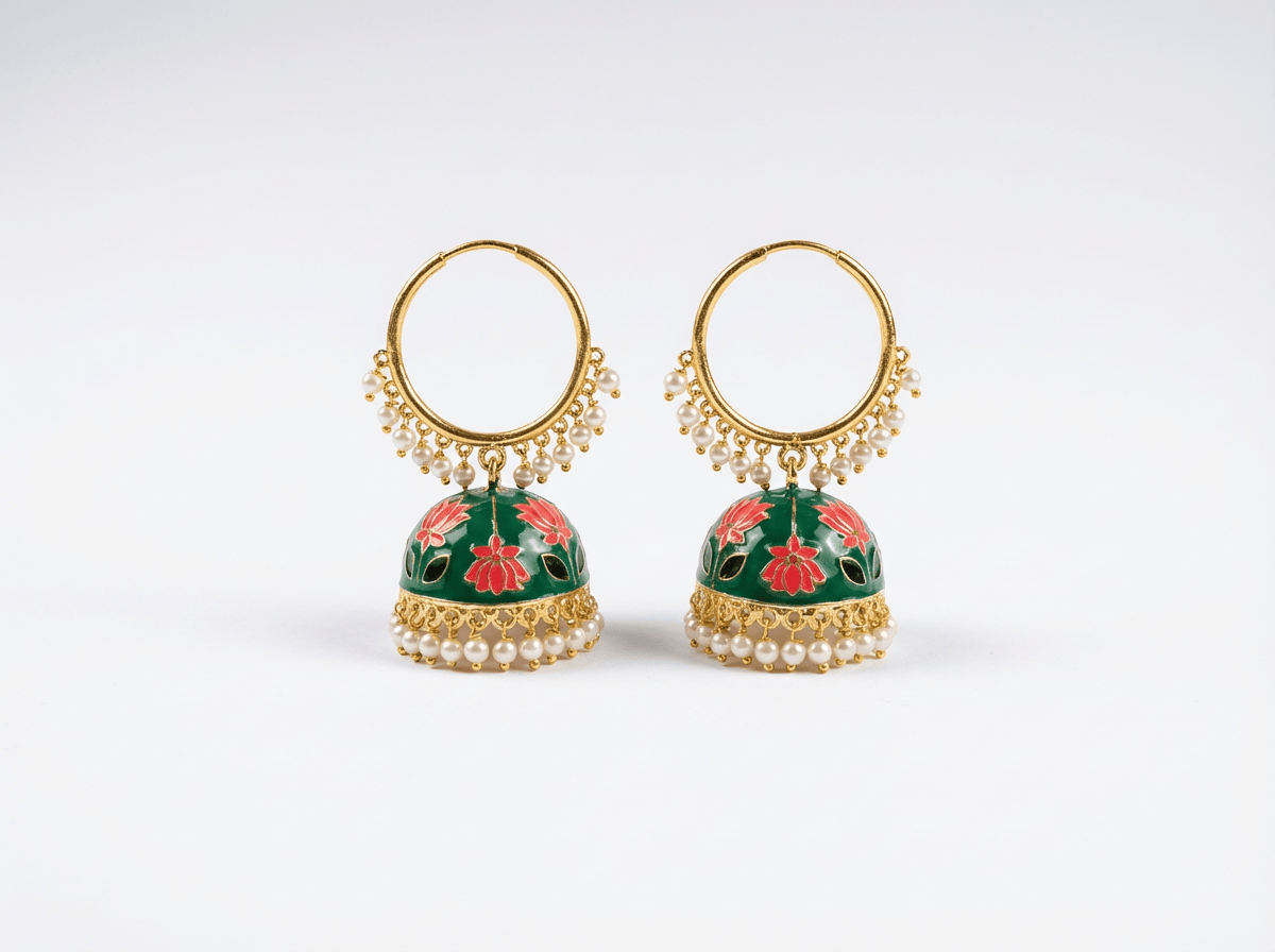Gold plated Green Meenakari Jhumka