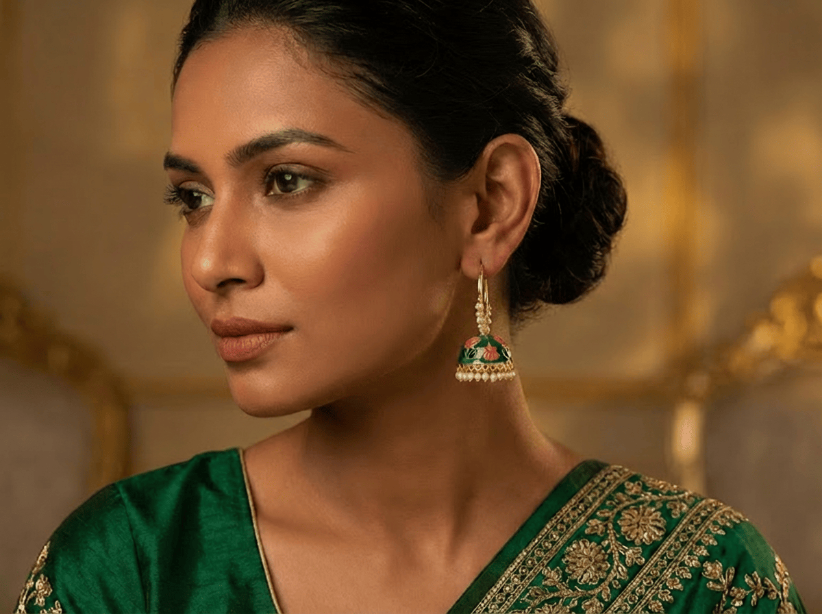 Gold plated Green Meenakari Jhumka