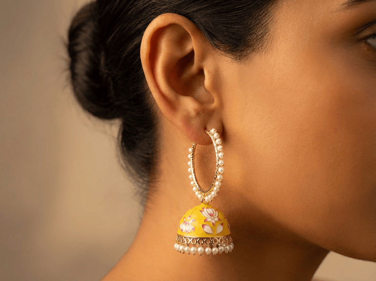 Gold plated Yellow Meenakari Jhumka